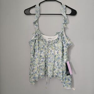 Wild Fable Blue and Green Floral Ruffle Blouse